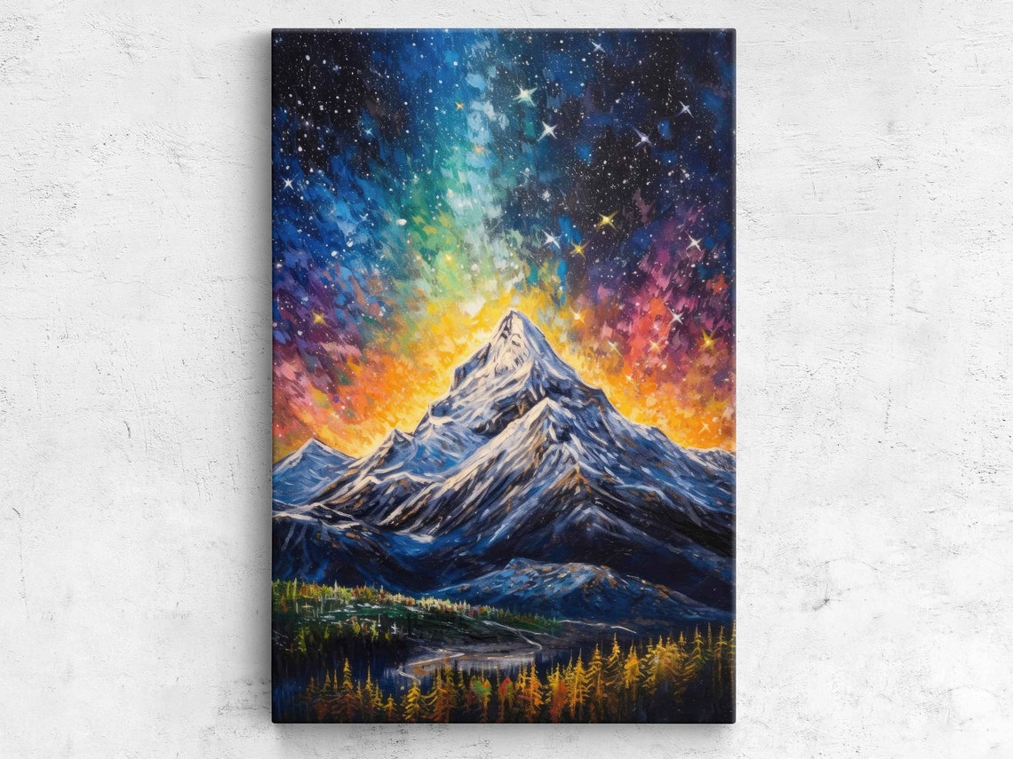 Snowy Mountain Peak Starry Night Sky Milky Way Colorful Cosmos Poster
