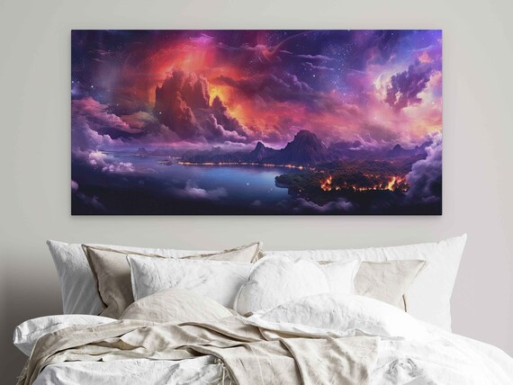 Photorealistic Landscape Print Colorful Night Sky Clouds Forest On Fire Framed Print Ready To Hang