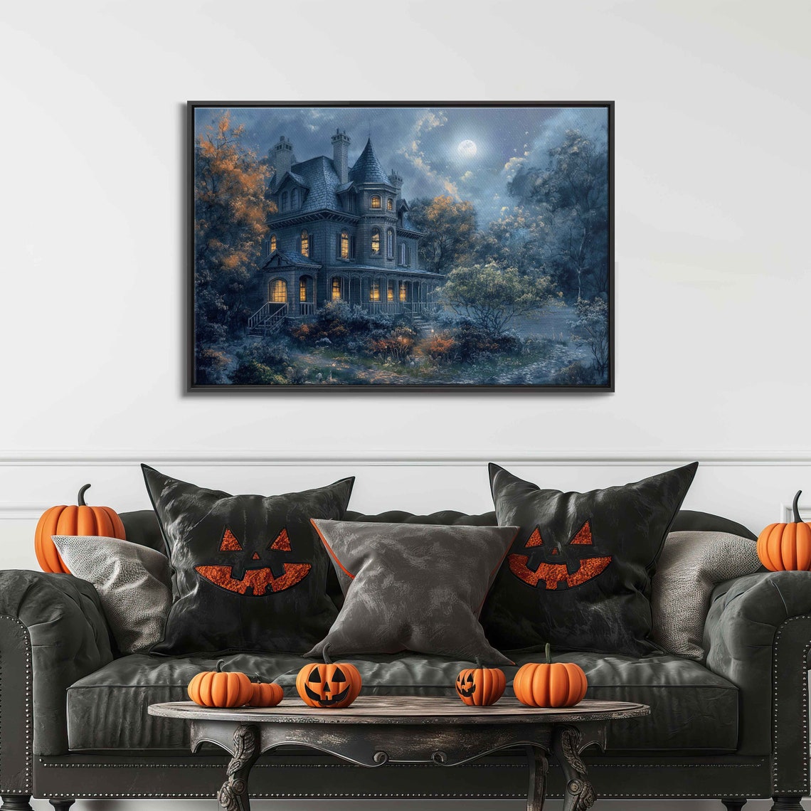 Haunted Mansion Under Full Moon Glowing Windows Night Poster