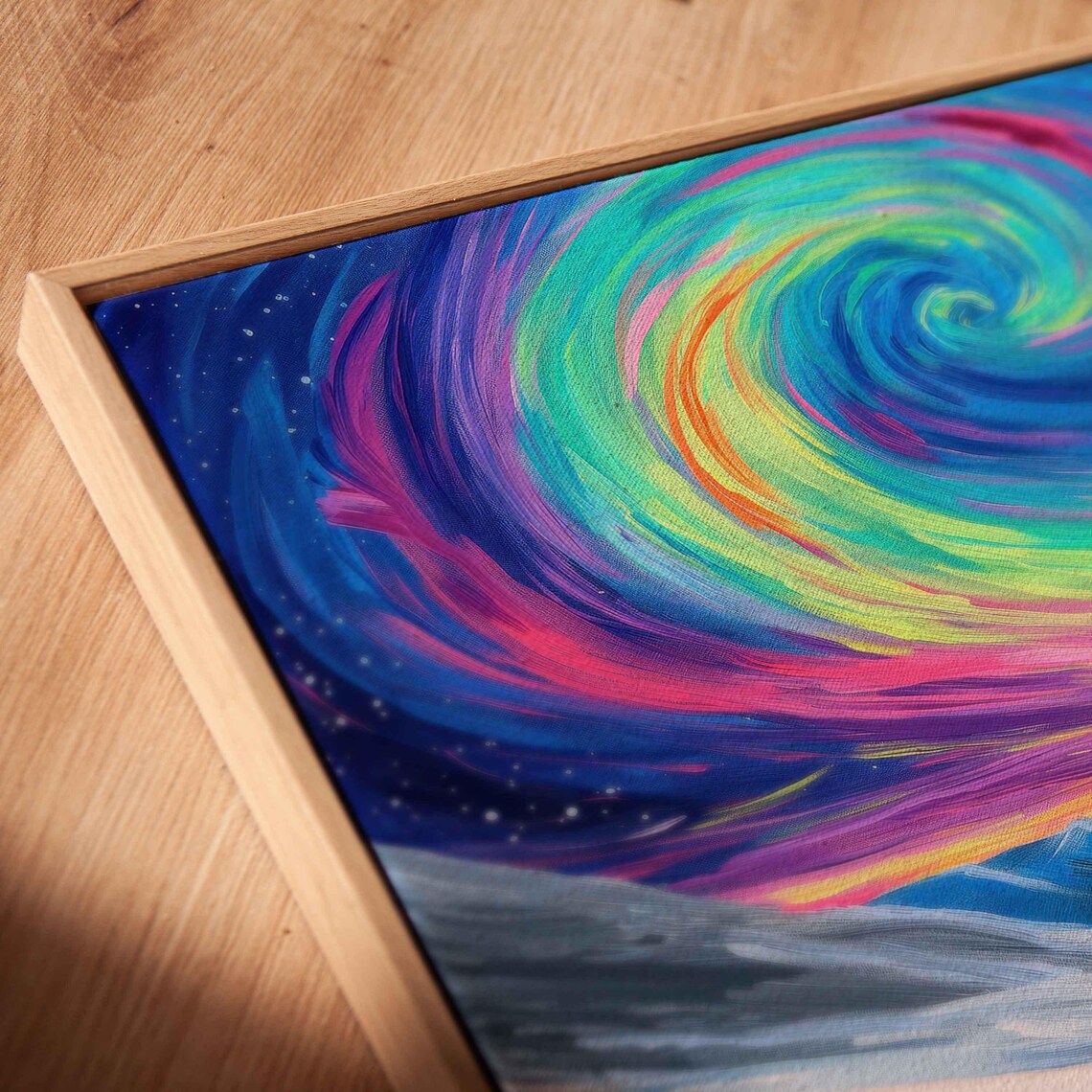 Swirling Colorful Aurora Borealis Night Sky Over Snowy Mountains Poster - Image 2