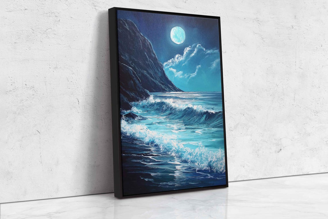Moonlit Cliffside Surf Waves Wall Art Print Rolling Waves Ocean Decor Gift For Surfer Ready To Hang - Image 4
