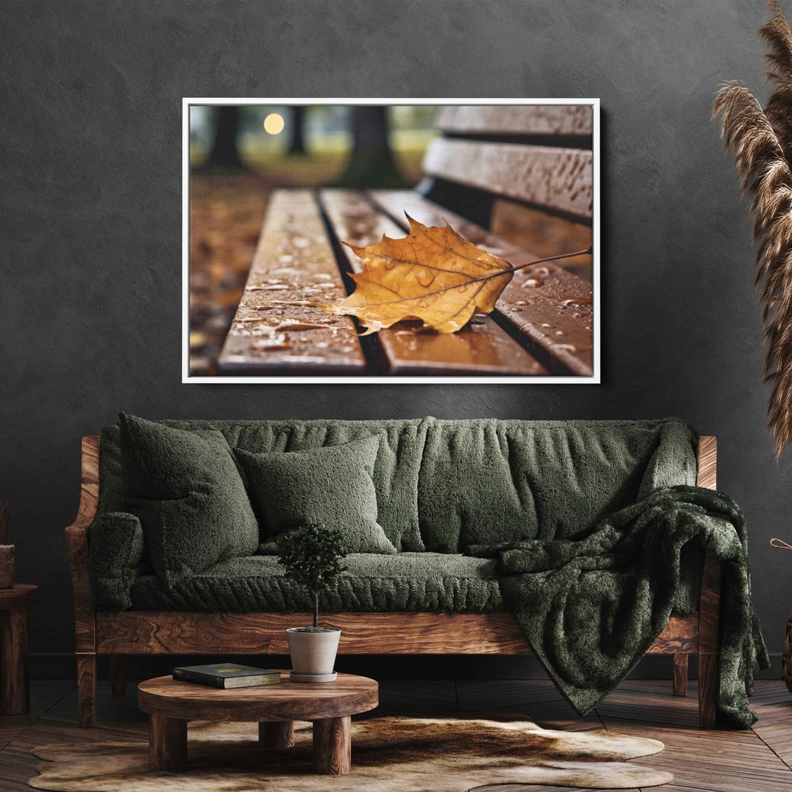 Autumn Leaf With Rain Droplets On Wooden Bench Rainy Day Art Print - Image 2