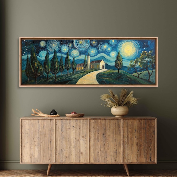 Acrylic Landscape Path To Chapel Wall Art Print Starry Night Vibrant Colors Van Gogh Style