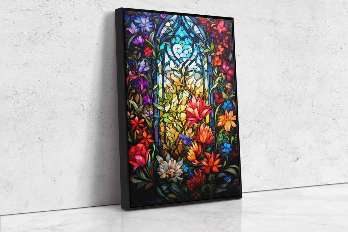 Stained Glass Flower Window Colorful Lilies Botanical Mosaic Art Print - Image 4
