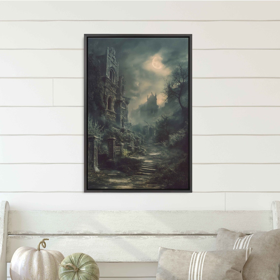 Old Eerie Mansion On Hill Twisted Trees Full Moon Foggy Night Print - Image 3