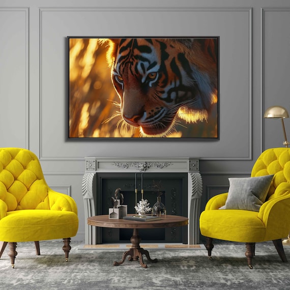 Tiger Face Closeup Golden Hour Sunlight Big Cat Wall Art Print