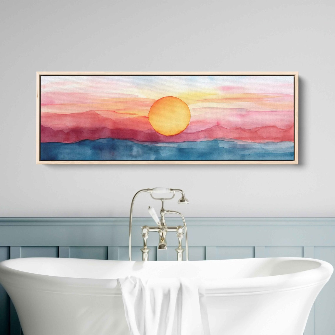 Watercolor Sunset Big Orange Sun Layered Mountains Lake Panorama Print