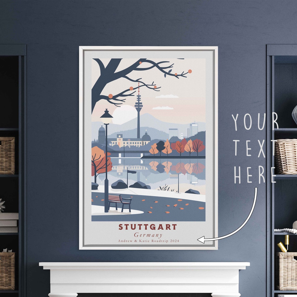 Stuttgart Germany Fernsehturm Autumn Lake Park Bench View Poster - Image 3