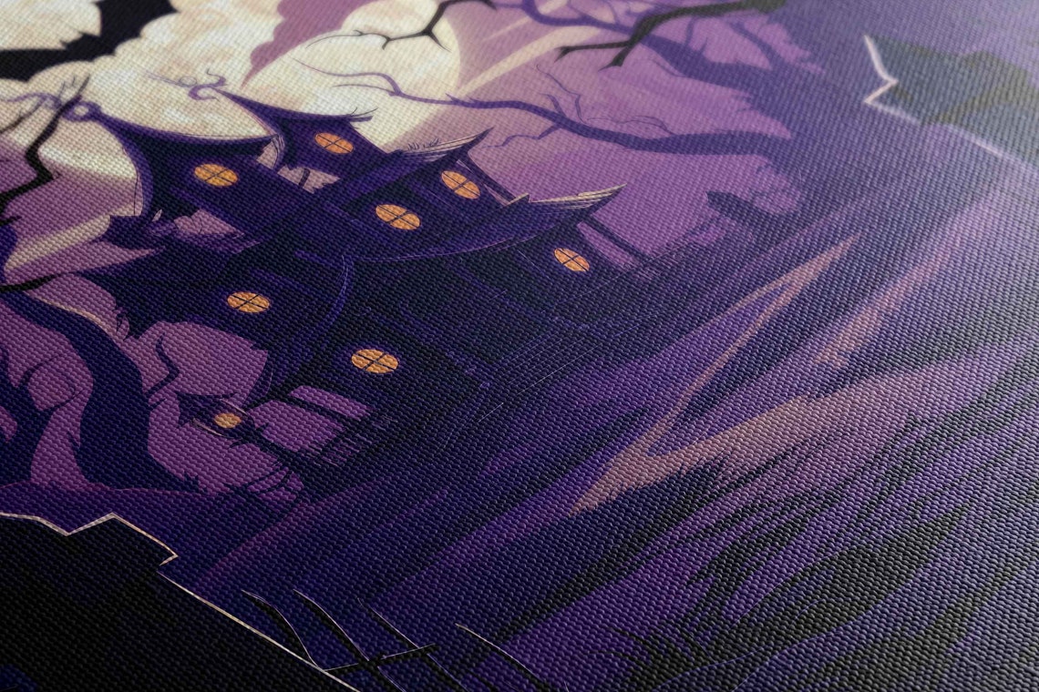 Spooky Haunted House With Jack O Lanterns Purple Night Sky Poster - Image 2