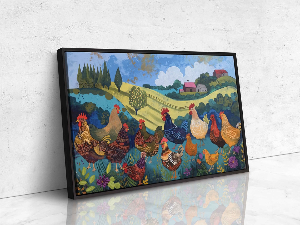 Colorful Folk Art Roosters Rolling Hills Red Barns Farm Poster - Image 4
