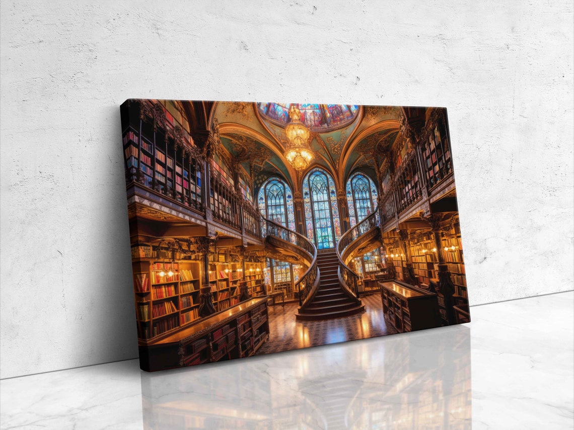 Grand Library Spiral Staircase Stained Glass Fantasy Book Lover Poster - Image 4