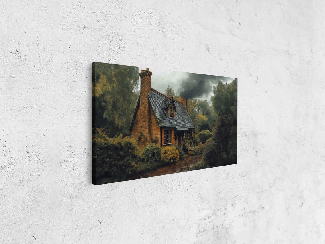 Quaint Old Brick Cottage in the Rain on a Dark Stormy Day Poster - Image 4