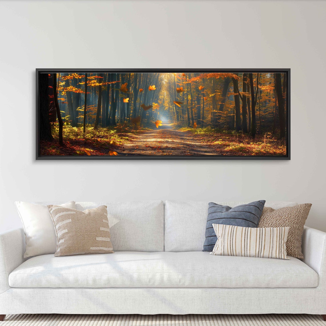 Serene Autumn Forest Path With Falling Leaves Panoramic Nature Poster - Image 3
