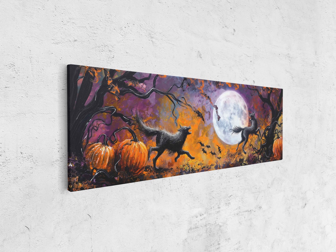 Werewolves Full Moon Pumpkin Patch Bats Fiery Night Panoramic Poster - Image 4