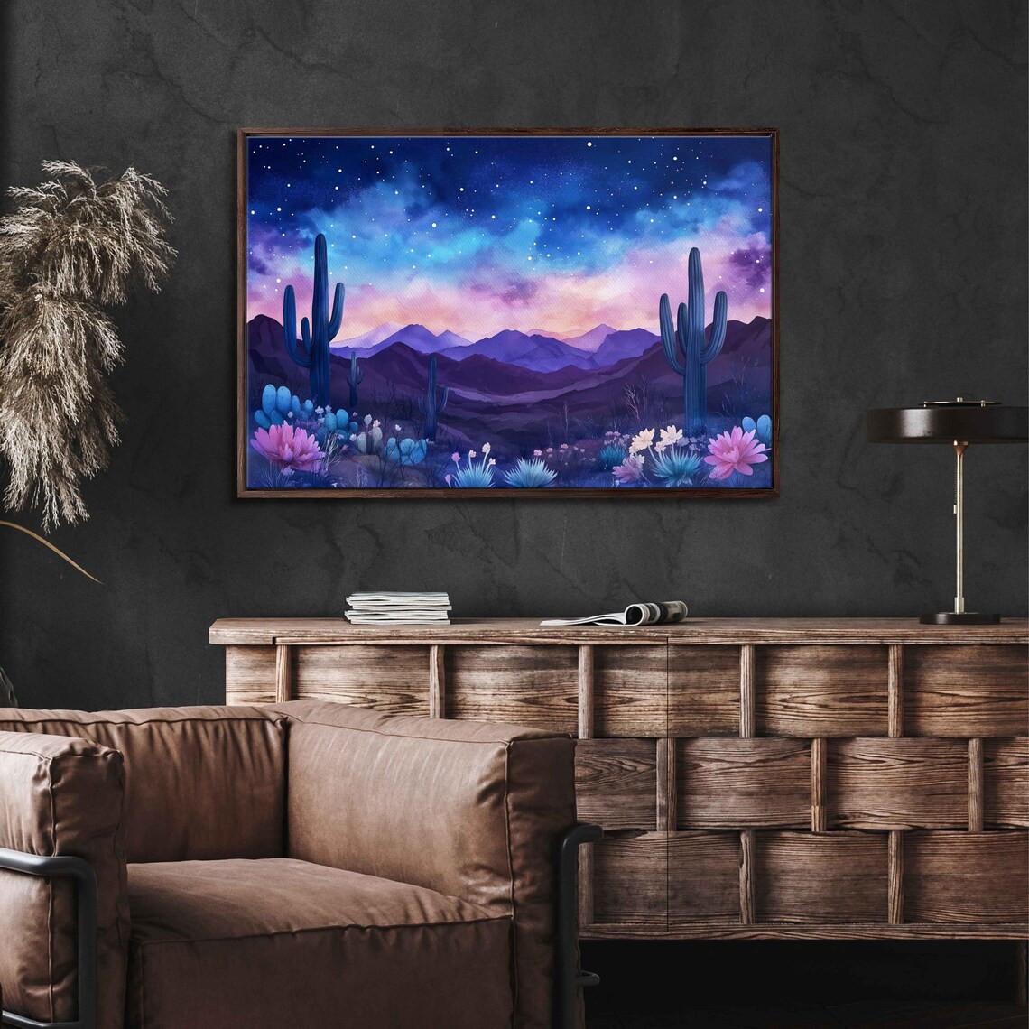 Whimsical Arizona Desert Night Sky Wall Art Print Watercolor Cacti Stars Gradients