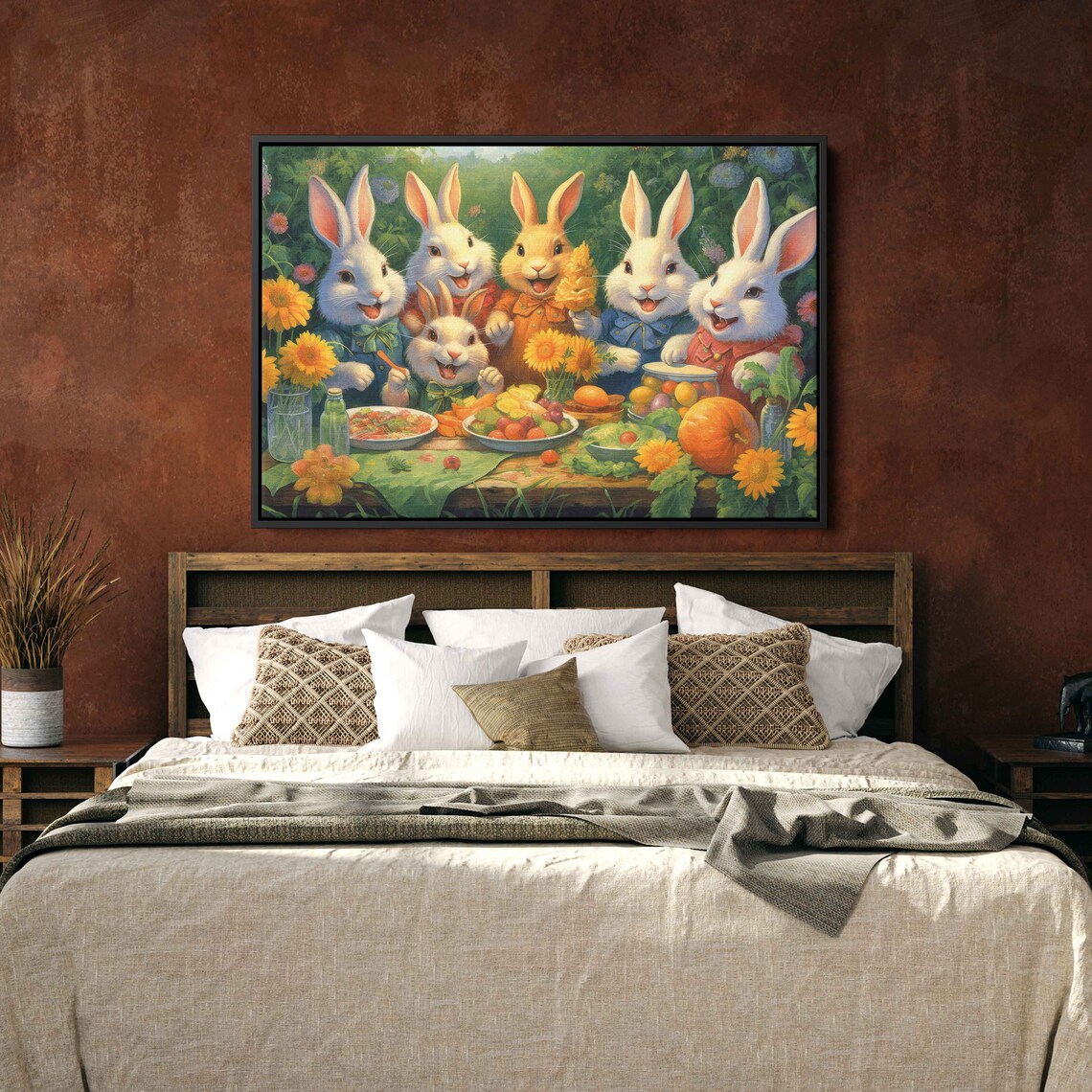 Whimsical Bunny Family Picnic Sunflowers Fruit Garden Painting Art Poster - Image 2