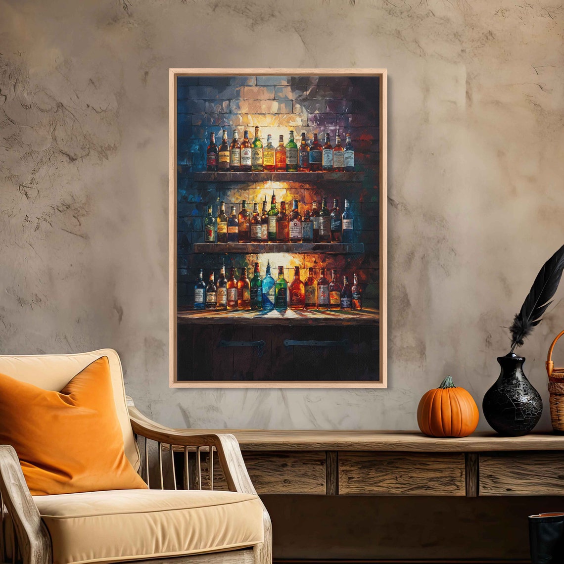 Whiskey Bottles on Wooden Shelves Moody Brick Bar Backlit Art Poster - Image 2
