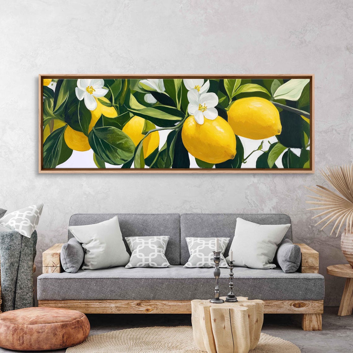 Sunny Lemons White Blossoms Green Leaves Bright Panoramic Art Poster - Image 3