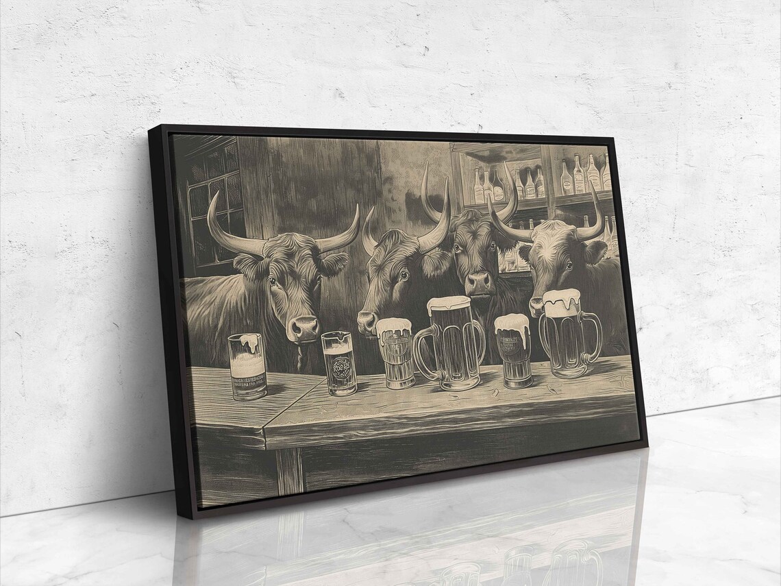 Longhorn Cows at the Bar, Pub Animal Art Print - Image 4