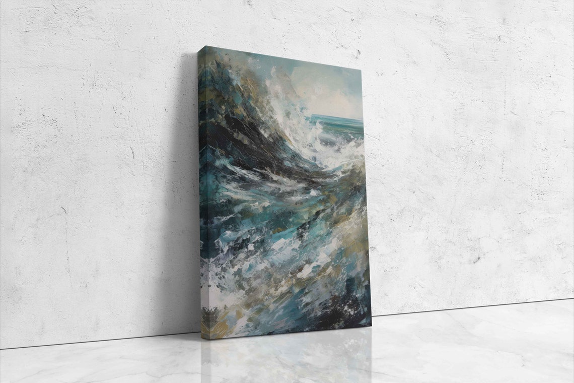 Abstract Ocean Waves Crashing Teal Brushstrokes Coastal Modern Poster - Image 4