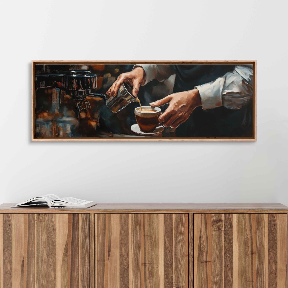 Barista Hands Pouring Espresso In Moody Cafe Close-Up Art Print