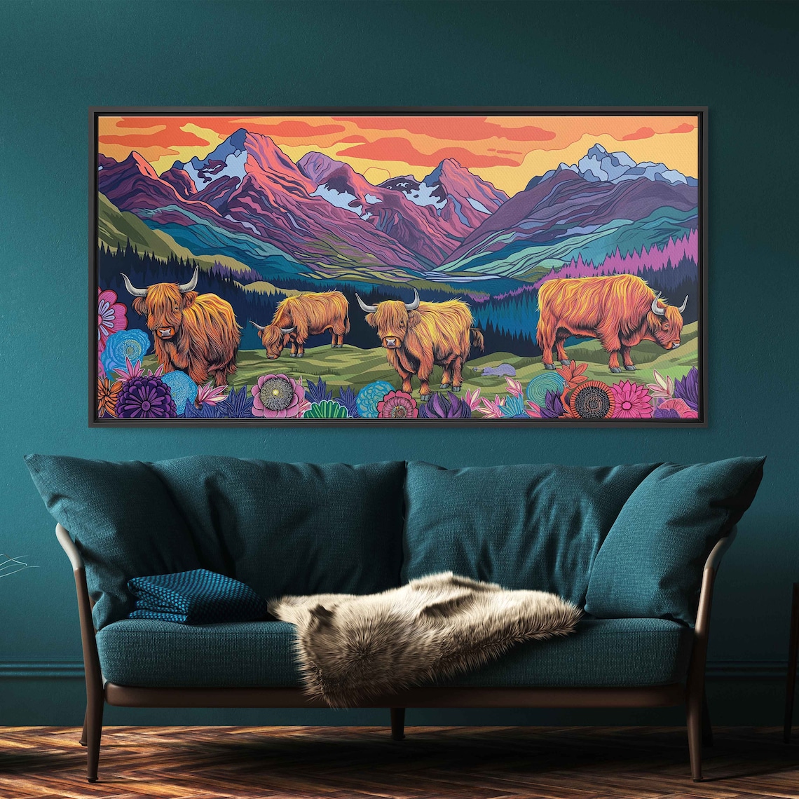 Scottish Highland Cows, Colorful Abstract Art Print - Image 3