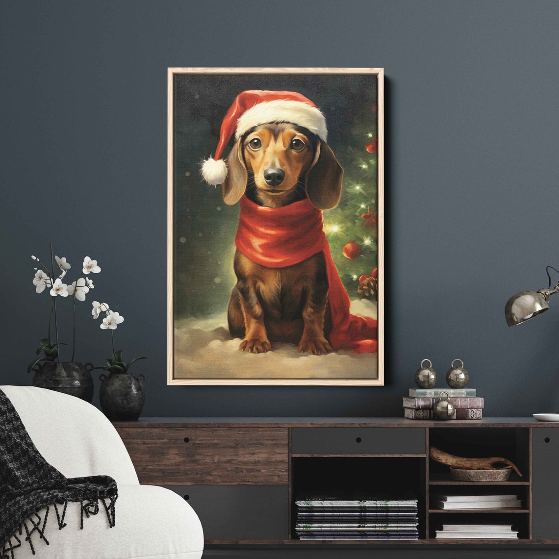 Cute Dachshund in Santa Hat Red Cape Snowy Christmas Day Poster - Image 4