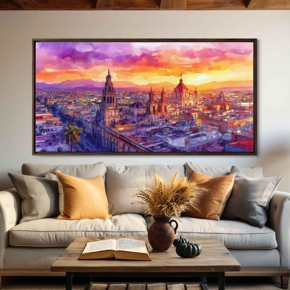Watercolor Guadalajara Skyline Wall Art Print Colonial Buildings Sunset Hues