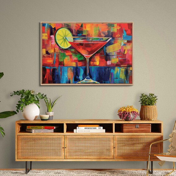 Red Cocktail Martini Glass Lime Slice Colorful Abstract Bar Painting Poster