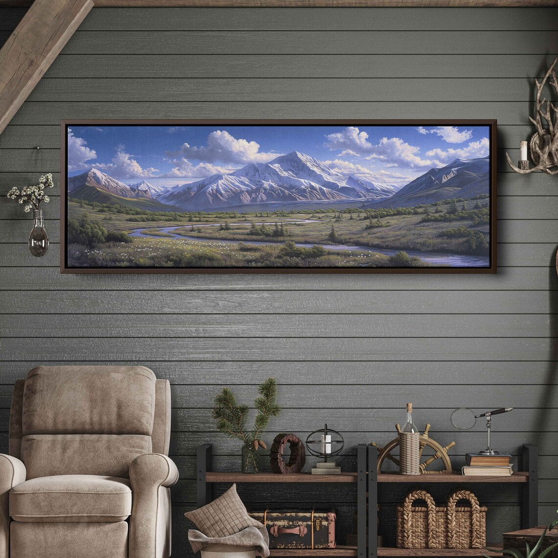 Denali National Park Panoramic Landscape Painting River Leading Up To Mountains Wall Art Print Cloudy Sky Open Field