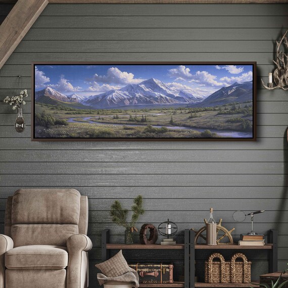Denali National Park Panoramic Landscape Painting River Leading Up To Mountains Wall Art Print Cloudy Sky Open Field
