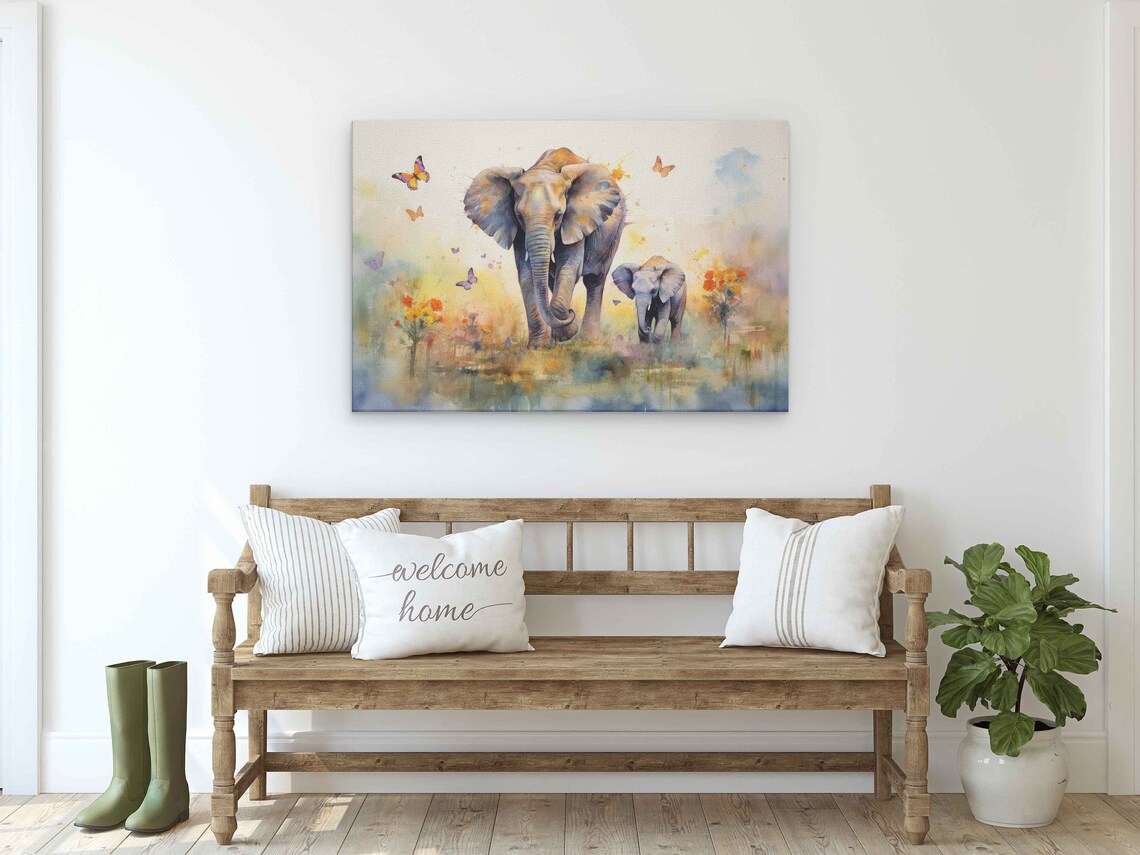 Watercolor Mother and Baby Elephant Art Print, Nursery Decor - Image 2