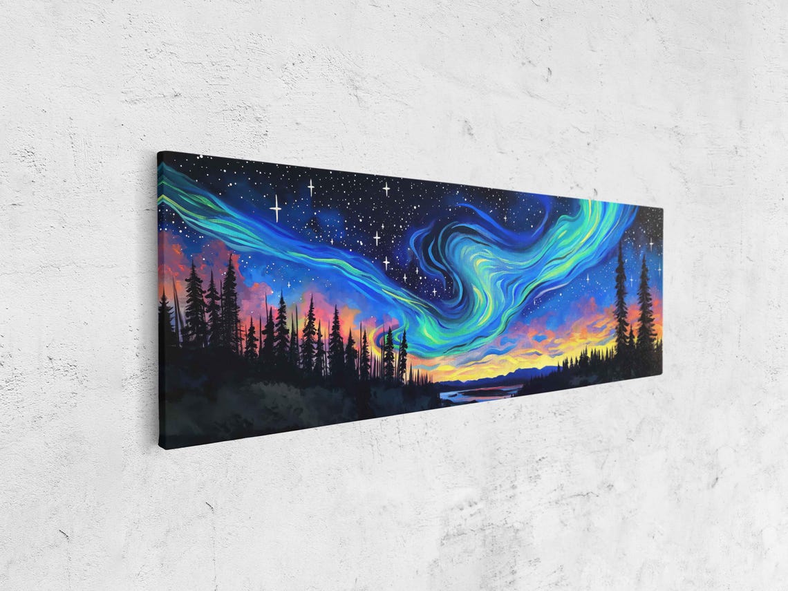 Northern Lights Aurora Ribbons Over Dark Pine Forest Sunset Sky Poster - Image 4