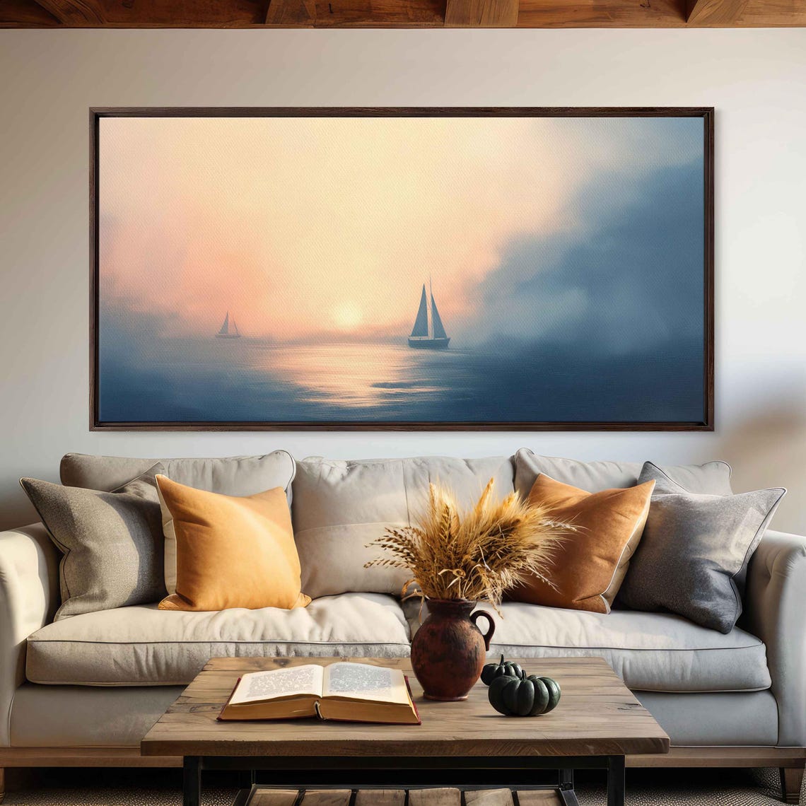 Misty Ocean Morning Sailboats Peach Sky Calm Sea Serenity Poster - Image 3