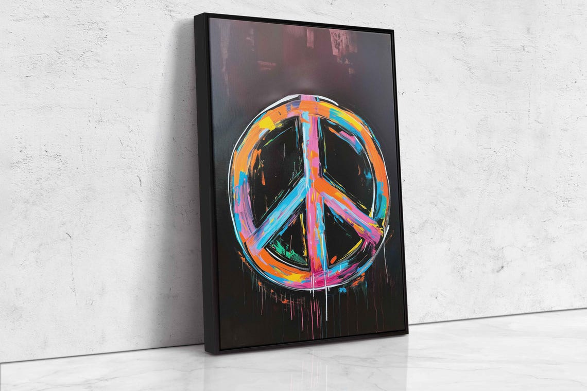 Neon Peace Sign Black Background Rainbow Brushstroke Wall Poster - Image 4