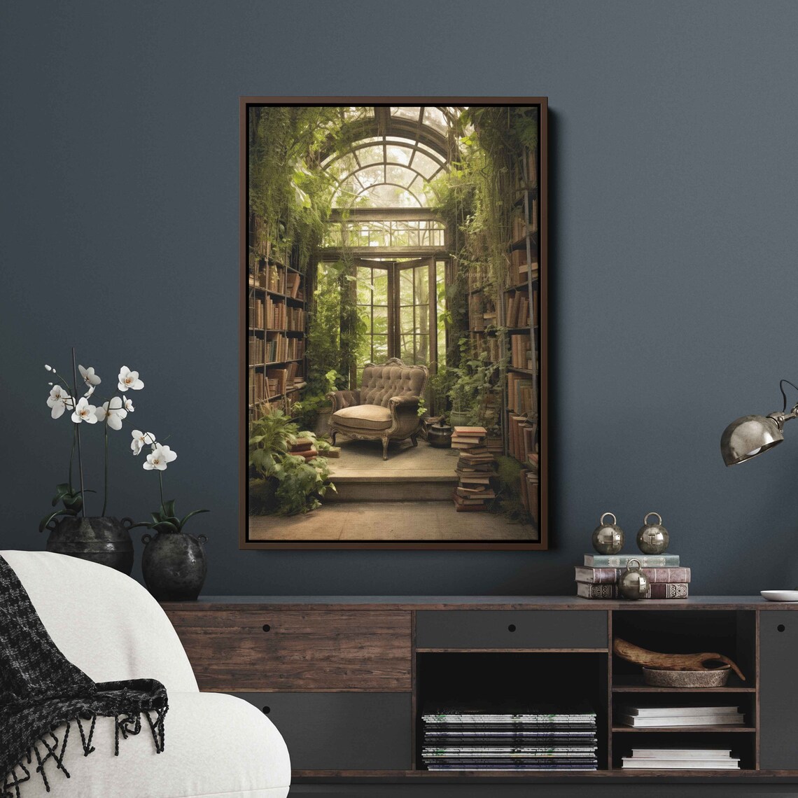 Greenhouse Library Book Nook Sunlit Glass Atrium Plants Reading Chair Print - Image 2