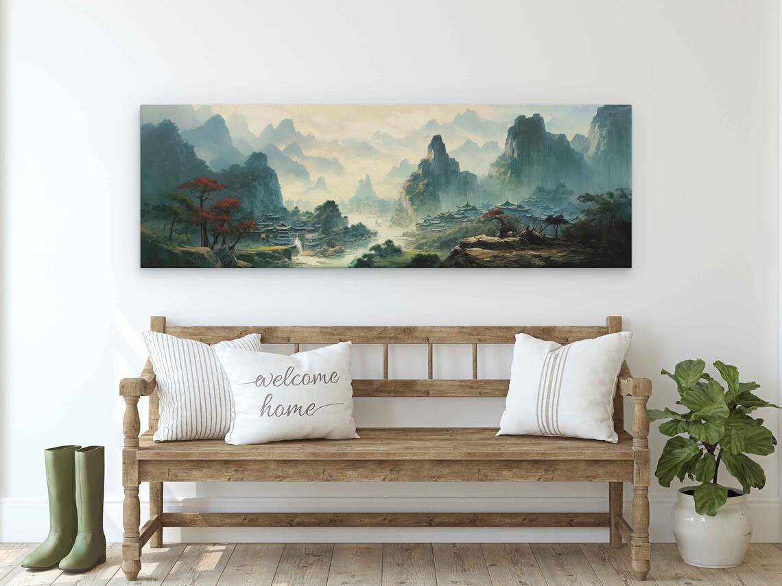 Japanese Village Oil Painting, Foggy Skies Art Print - Image 3