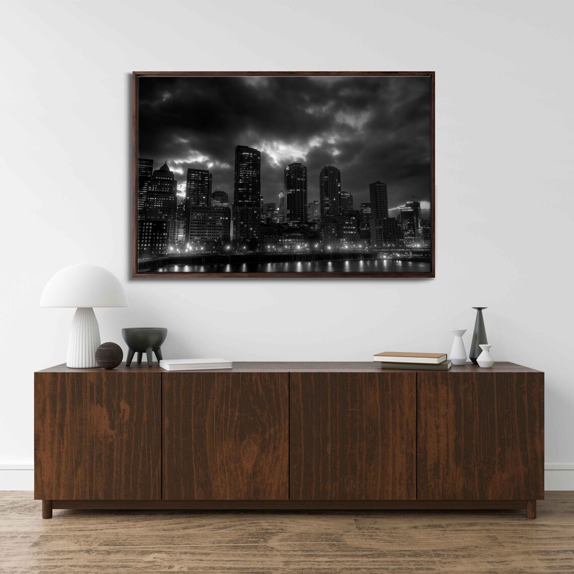 Dramatic Black And White City Skyline At Night Urban Lights Art Poster