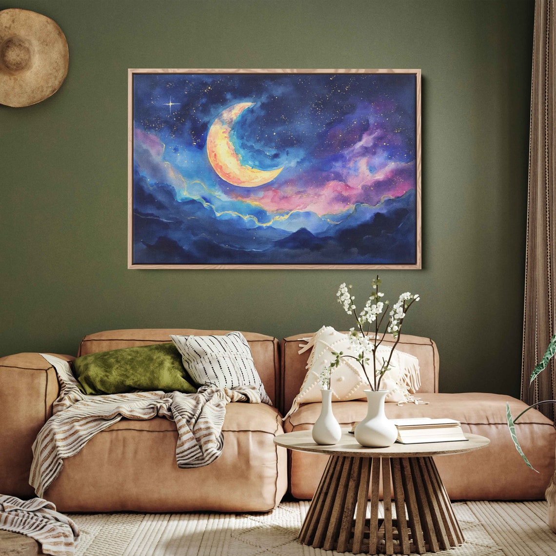 Moon In Star Filled Night Sky With Clouds Painting Framed Print Ready To Hang - Image 2