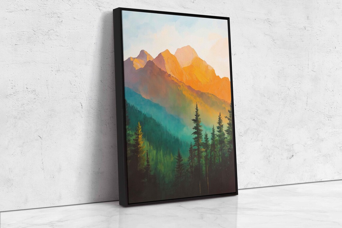 Majestic Mountain Peaks Golden Hour Green Pine Forest Landscape Poster - Image 4