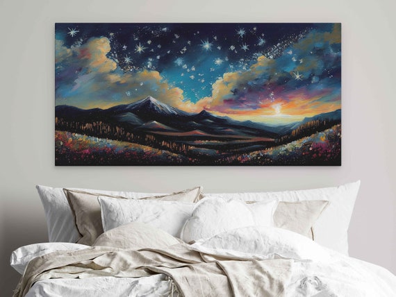 Colorful Starry Night Sky Oil Painting Textured Paint Style Bright Vibrant Sky Print On Ready To Hang