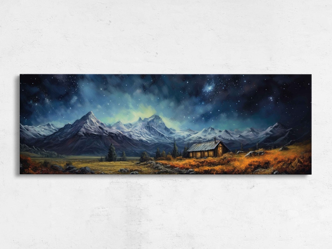 Tiny Cabin in Meadow Starry Night Aurora Snowy Peaks Art Poster