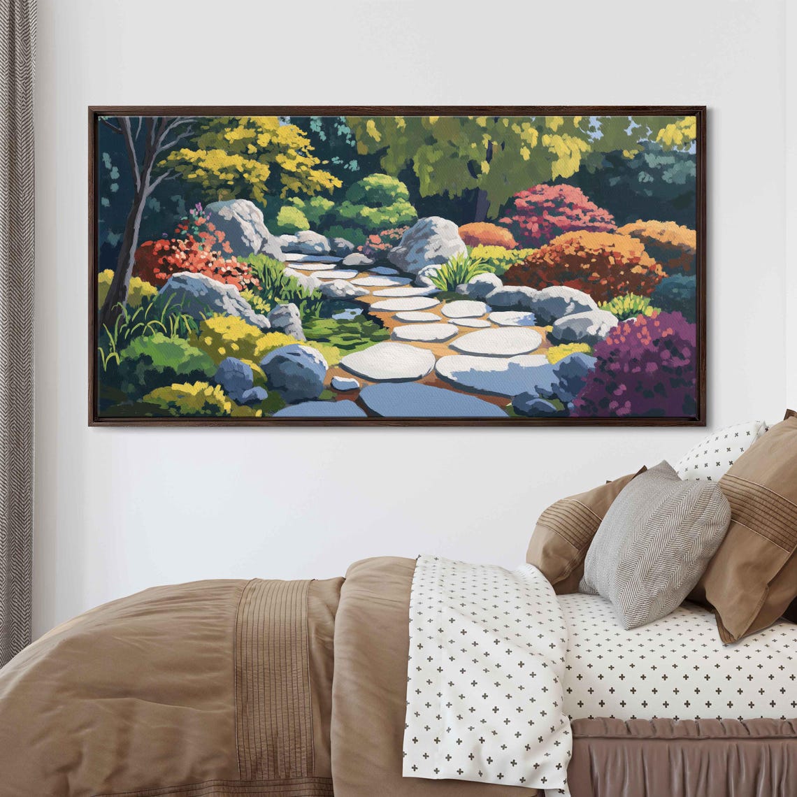Japanese Zen Garden Stepping Stones Colorful Shrubs Pond View Poster
