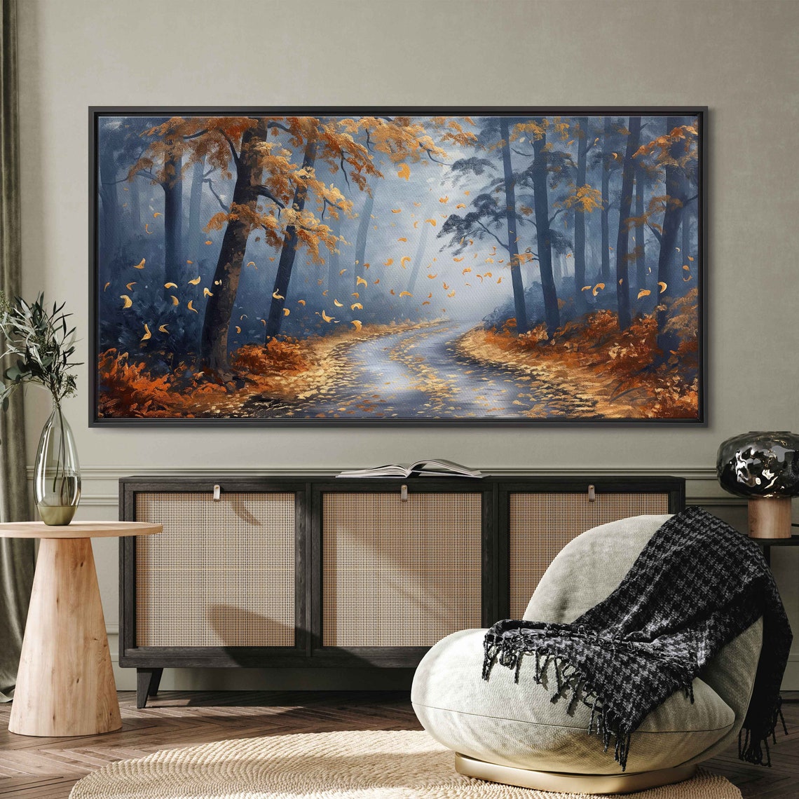 Misty Forest Road With Falling Golden Leaves Autumn Painting Poster - Image 3