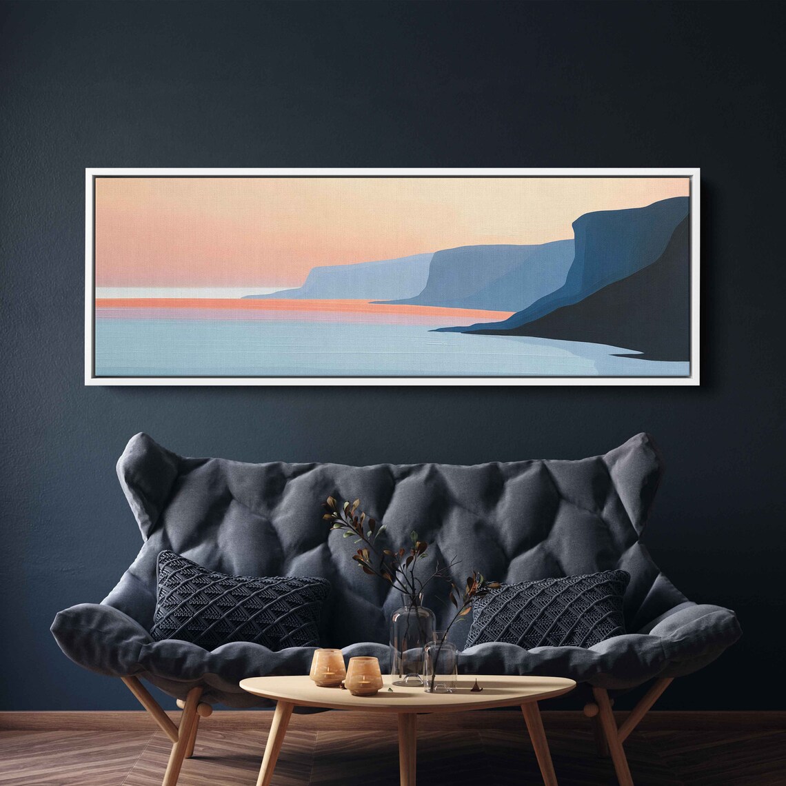 Minimalist Coastal Cliffs Sunset Panoramic Blue Sea Pink Sky Ocean Art Poster - Image 3
