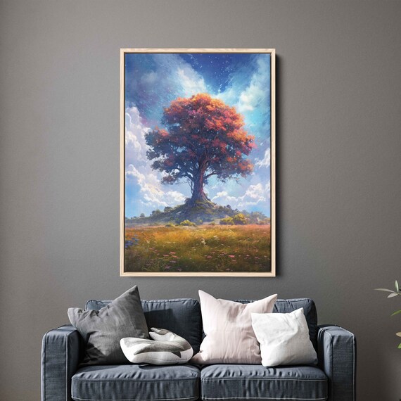 Colorful Ancient Tree In An Open Field Colorful Cloudy Skies Framed Print Ready To Hang