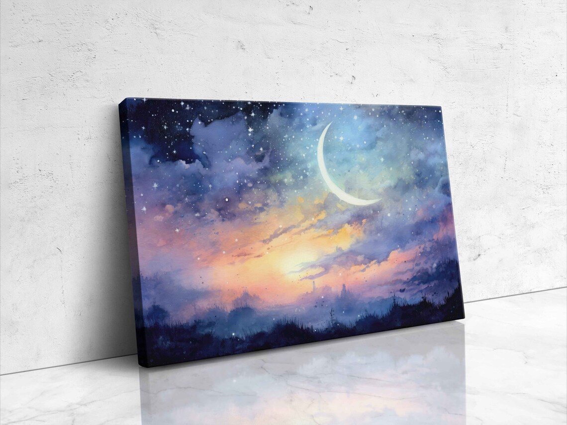 Celestial Watercolor Moonlit Landscape Art Print - Image 4