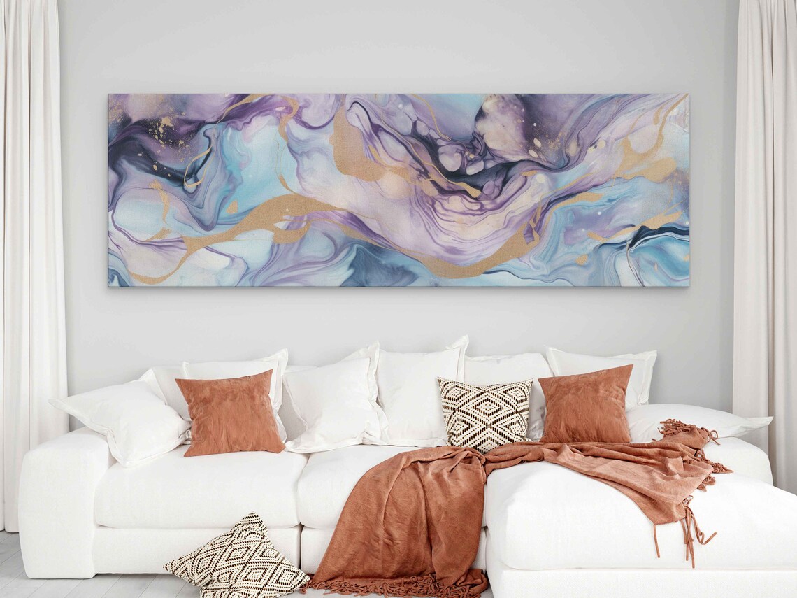 Purple Blue Gold Panoramic Marble Swirl Abstract Wall Art Poster - Image 2