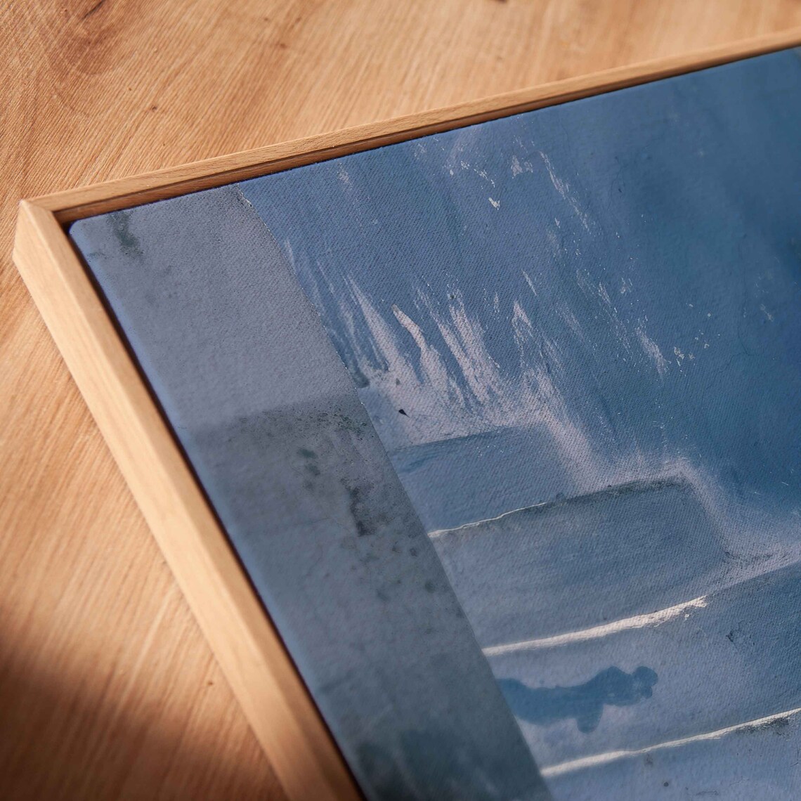 White Cat Resting On Blue Washed Stone Steps Shadow Cool Tones Pet Poster - Image 2