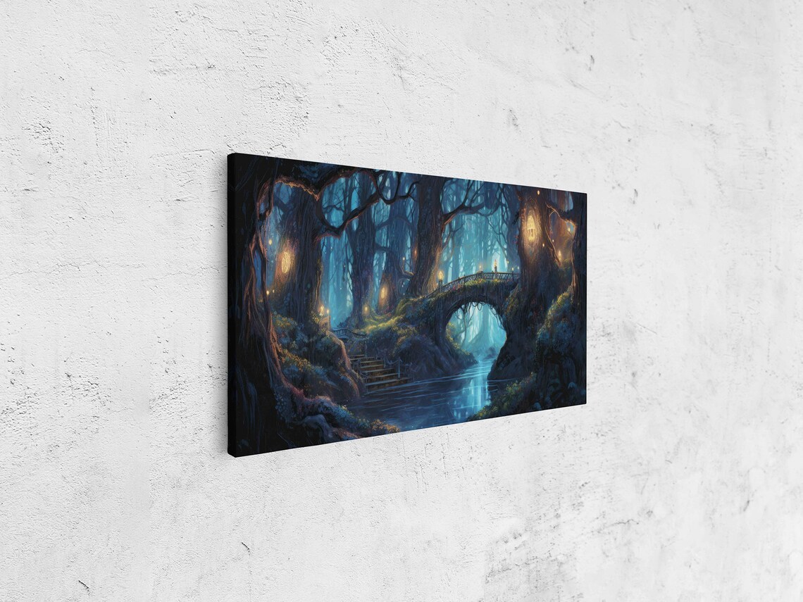Enchanted Moonlit Forest Bridge Fantasy Art Print - Image 4